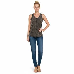 Zenana Ash Black Crinkle Washed French Terry Raw Edge Top